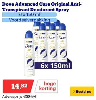 Promotions Dove advanced care original anti transpirant deodorant spray - Dove - Valide de 22/04/2024 à 28/04/2024 chez Bol.com