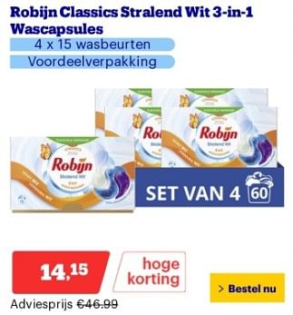 Promoties Robijn classics stralend wit 3-in-1 wascapsules - Robijn - Geldig van 22/04/2024 tot 28/04/2024 bij Bol.com