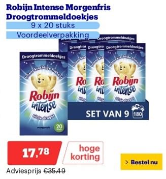 Promotions Robijn intense morgenfris droogtrommeldoekjes - Produit Maison - Bol.com - Valide de 22/04/2024 à 28/04/2024 chez Bol.com
