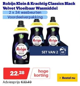 Promotions Robijn klein + krachtig classics black velvet vloeibaar wasmiddel - Robijn - Valide de 22/04/2024 à 28/04/2024 chez Bol.com