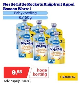 Promotions Nestlé little rockets knijpfruit appel banaan wortel - Nestlé - Valide de 22/04/2024 à 28/04/2024 chez Bol.com