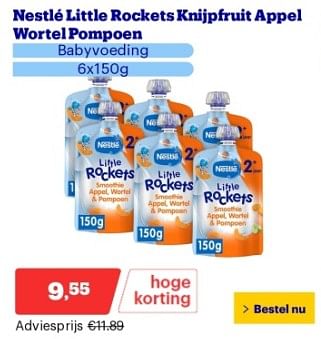 Promoties Nestlé little rockets knijpfruit appel wortel pompoen - Nestlé - Geldig van 22/04/2024 tot 28/04/2024 bij Bol.com