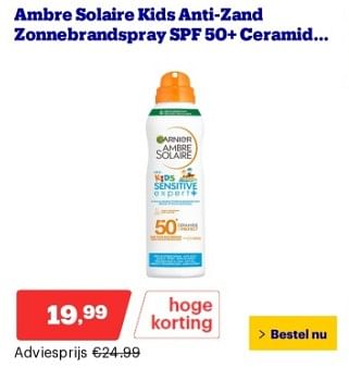 Promoties Ambre solaire kids anti zand zonnebrandspray spf 50+ceramid - Garnier - Geldig van 22/04/2024 tot 28/04/2024 bij Bol.com