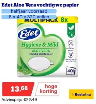 Promoties Edet aloe vera vochtig wc papier - Edet - Geldig van 22/04/2024 tot 28/04/2024 bij Bol.com