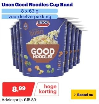 Promoties Unox good noodles cup rund - Unox - Geldig van 22/04/2024 tot 28/04/2024 bij Bol.com