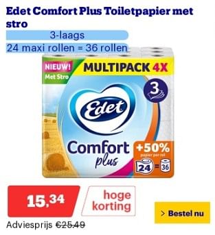Promotions Edet comfort plus toiletpapier met stro - Edet - Valide de 22/04/2024 à 28/04/2024 chez Bol.com