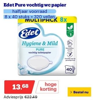 Promoties Edet pure vochtig wc papier - Edet - Geldig van 22/04/2024 tot 28/04/2024 bij Bol.com