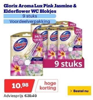 Promoties Glorix aroma luz pink jasmine + elderflower wc blokjes - Glorix - Geldig van 22/04/2024 tot 28/04/2024 bij Bol.com