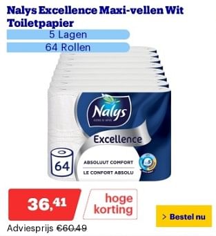 Promoties Nalys excellence maxi vellen wit toiletpapier - Nalys - Geldig van 22/04/2024 tot 28/04/2024 bij Bol.com