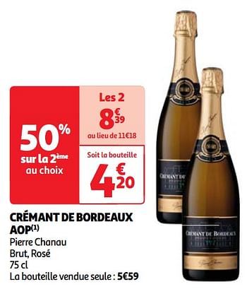 Promoties Crémant de bordeaux aop pierre chanau brut, rosé - Schuimwijnen - Geldig van 23/04/2024 tot 29/04/2024 bij Auchan