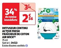 Promoties Diffuseur continu active fresh fraîcheur de coton air wick - Airwick - Geldig van 23/04/2024 tot 29/04/2024 bij Auchan