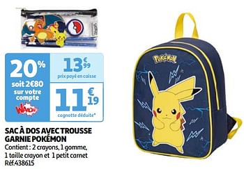 Promoties Sac à dos avec trousse garnie pokémon - Pokemon - Geldig van 23/04/2024 tot 29/04/2024 bij Auchan
