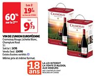 Promoties Vin de l`union européenne cramoisay rouge, lichette blanc, champlure rosé - Rode wijnen - Geldig van 23/04/2024 tot 29/04/2024 bij Auchan