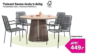 Promoties Tuinset saone isola 5 delig 4 stapelstoelen isola + tafel saone - Huismerk - Leen Bakker - Geldig van 22/04/2024 tot 05/05/2024 bij Leen Bakker