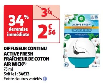 Promotions Diffuseur continu active fresh fraîcheur de coton air wick - Airwick - Valide de 23/04/2024 à 29/04/2024 chez Auchan Ronq