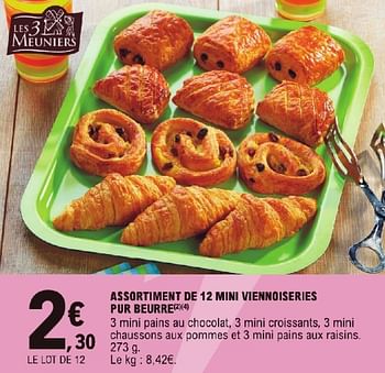 Promoties Assortiment de 12 mini viennoiseries pur beurre - Les 3 Meuniers - Geldig van 23/04/2024 tot 04/05/2024 bij E.Leclerc