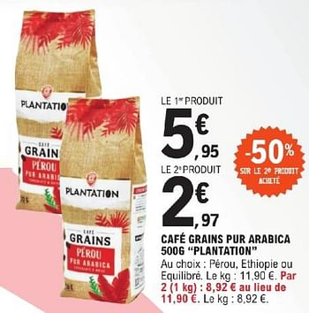 Promotions Café grains pur arabica plantation - Plantation - Valide de 23/04/2024 à 04/05/2024 chez E.Leclerc