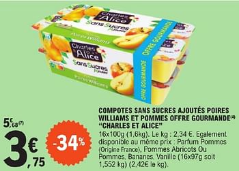 Promoties Compotes sans sucres ajoutés poires williams et pommes offre gourmande charles et alice - Charles et Alice - Geldig van 23/04/2024 tot 04/05/2024 bij E.Leclerc