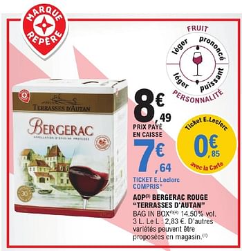 Promoties Aop bergerac rouge terrasses d`autan - Rode wijnen - Geldig van 23/04/2024 tot 04/05/2024 bij E.Leclerc