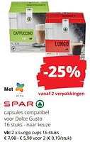 Promoties Capsules compatibel voor dolce gusto lungo cups - Spar - Geldig van 25/04/2024 tot 08/05/2024 bij Spar (Colruytgroup)