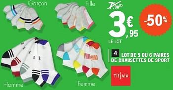 Promoties Lot de 5 ou 6 paires de chausettes de sport - Tissaia - Geldig van 23/04/2024 tot 04/05/2024 bij E.Leclerc