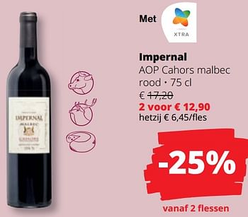Promotions Impernal aop cahors malbec rood - Vins rouges - Valide de 25/04/2024 à 08/05/2024 chez Spar (Colruytgroup)