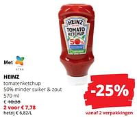 Promoties Tomatenketchup minder suiker + zout - Heinz - Geldig van 25/04/2024 tot 08/05/2024 bij Spar (Colruytgroup)