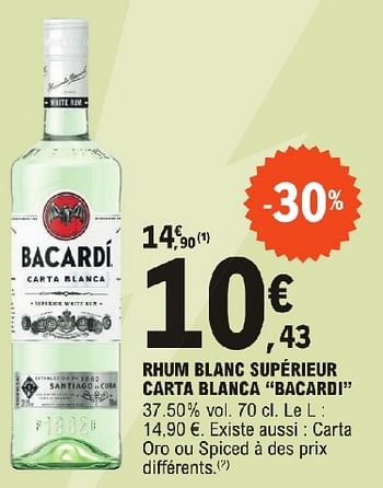 Promotions Rhum blanc supérieur carta blanca bacardi - Bacardi - Valide de 23/04/2024 à 04/05/2024 chez E.Leclerc