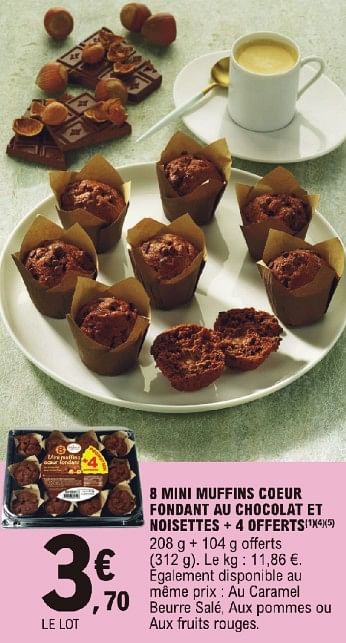 Promotions 8 mini muffins coeur fondant au chocolat et noisettes + 4 offerts - Produit Maison - E.Leclerc - Valide de 23/04/2024 à 04/05/2024 chez E.Leclerc