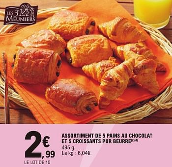 Promotions Assortiment de 5 pains au chocolat et 5 croissants pur beurre - Les 3 Meuniers - Valide de 23/04/2024 à 04/05/2024 chez E.Leclerc