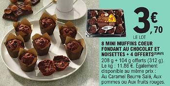 Promoties 8 mini muffins coeur fondant au chocolat et noisettes + 4 offerts - Huismerk - E.Leclerc - Geldig van 23/04/2024 tot 04/05/2024 bij E.Leclerc