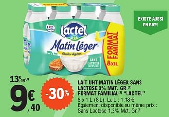 Promoties Lait uht matin léger sans lactose mat gr format familial lactel - Lactel - Geldig van 23/04/2024 tot 04/05/2024 bij E.Leclerc