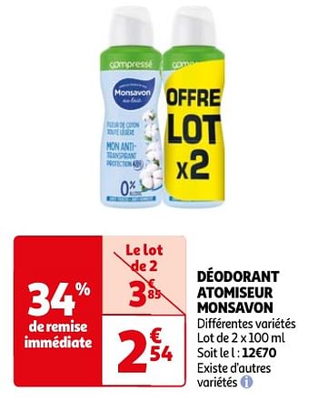Promoties Déodorant atomiseur monsavon - Monsavon - Geldig van 23/04/2024 tot 06/05/2024 bij Auchan