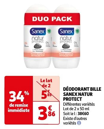 Promotions Déodorant bille sanex natur protect - Sanex - Valide de 23/04/2024 à 06/05/2024 chez Auchan Ronq