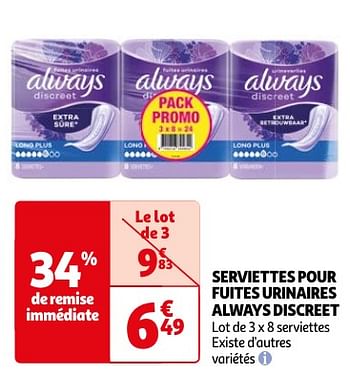 Promotions Serviettes pour fuites urinaires always discreet - Always - Valide de 23/04/2024 à 06/05/2024 chez Auchan Ronq