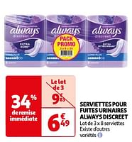 Promoties Serviettes pour fuites urinaires always discreet - Always - Geldig van 23/04/2024 tot 06/05/2024 bij Auchan