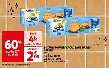 Promoties Biscuits fourrés cacao sans sucres gerble - Gerblé - Geldig van 23/04/2024 tot 06/05/2024 bij Auchan