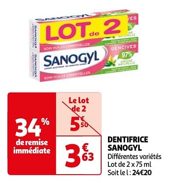 Promoties Dentifrice sanogyl - SANOGYL - Geldig van 23/04/2024 tot 06/05/2024 bij Auchan