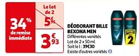 Promoties Déodorant bille rexona men - Rexona - Geldig van 23/04/2024 tot 06/05/2024 bij Auchan