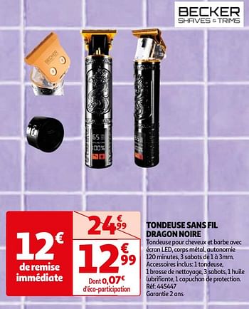 Promoties Becker tondeuse sans fil dragon noire - Becker - Geldig van 23/04/2024 tot 06/05/2024 bij Auchan