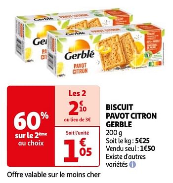 Promoties Biscuit pavot citron gerble - Gerblé - Geldig van 23/04/2024 tot 06/05/2024 bij Auchan