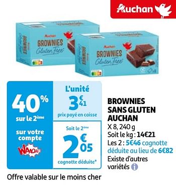 Promoties Brownies sans gluten auchan - Huismerk - Auchan - Geldig van 23/04/2024 tot 06/05/2024 bij Auchan