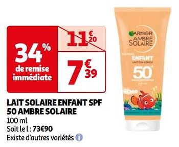 Promoties Lait solaire enfant spf 50 ambre solaire - Garnier - Geldig van 23/04/2024 tot 06/05/2024 bij Auchan