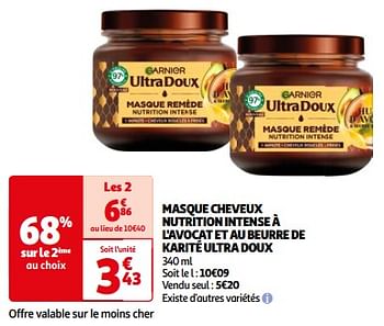 Promoties Masque cheveux nutrition intense à l`avocat et au beurre de karité ultra doux - Garnier - Geldig van 23/04/2024 tot 06/05/2024 bij Auchan