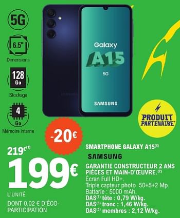 Promotions Samsung smartphone galaxy a15 - Samsung - Valide de 23/04/2024 à 04/05/2024 chez E.Leclerc