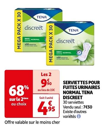 Promotions Serviettes pour fuites urinaires normal tena discreet - Tena - Valide de 23/04/2024 à 06/05/2024 chez Auchan Ronq