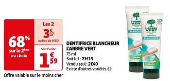 Promotions Dentifrice blancheur l`arbre vert - L'arbre vert - Valide de 23/04/2024 à 06/05/2024 chez Auchan Ronq