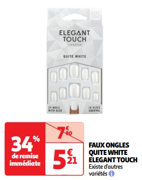Promotions Faux ongles quite white elegant touch - ElegantTouch - Valide de 23/04/2024 à 06/05/2024 chez Auchan Ronq