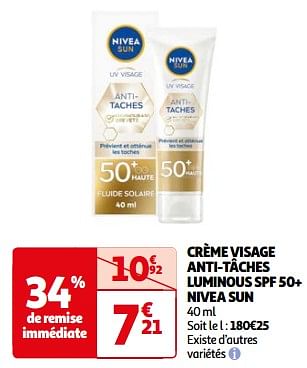 Promotions Crème visage anti-tâches luminous spf 50+ nivea sun - Nivea - Valide de 23/04/2024 à 06/05/2024 chez Auchan Ronq