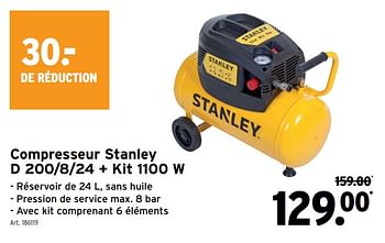 Promoties Compresseur stanley d 200-8-24 + kit 1100 w - Stanley - Geldig van 24/04/2024 tot 30/04/2024 bij Gamma